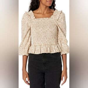 The Drop Marisol Long Sleeve Ruffle Smocked Top Cream and Brown Dot